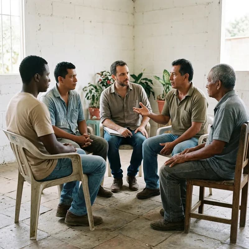 Sesión de acompañamiento con un grupo de hombres sentados en círculo; uno de ellos habla mientras los demás escuchan.