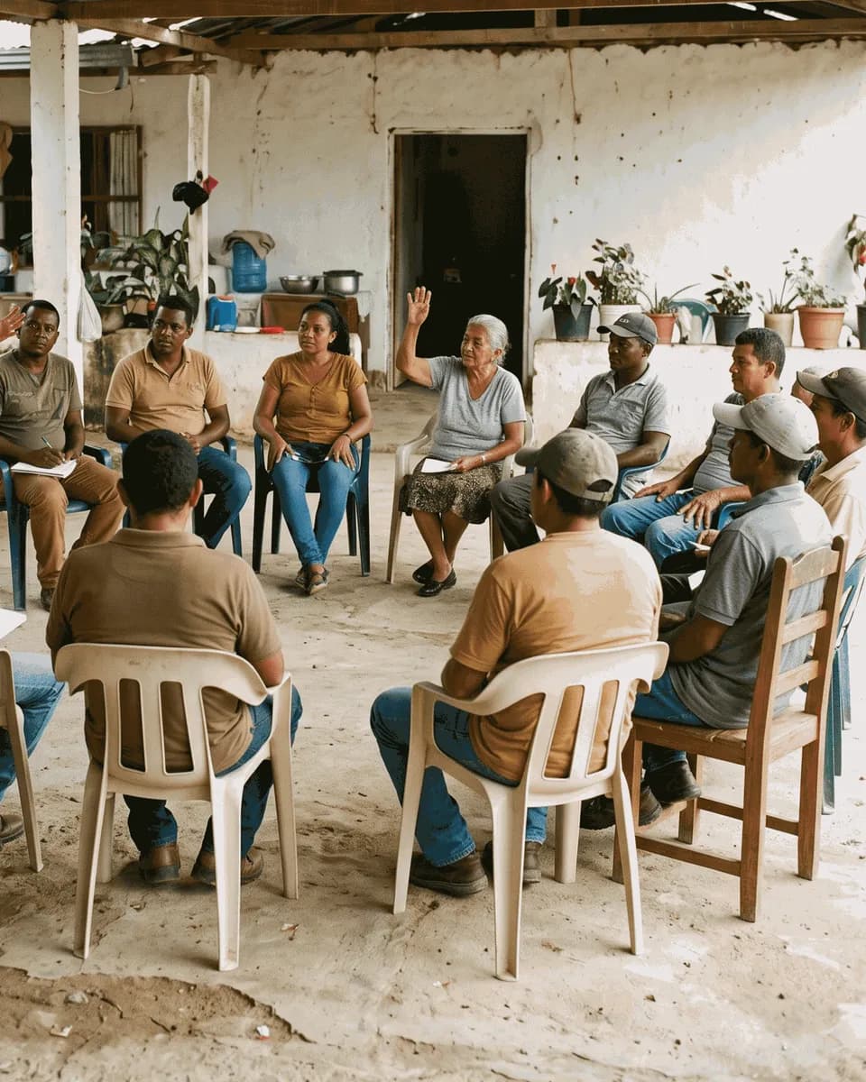 Taller comunitario al aire libre: un grupo de mujeres y hombres sentados en círculo conversa; una señora levanta la mano para hablar.